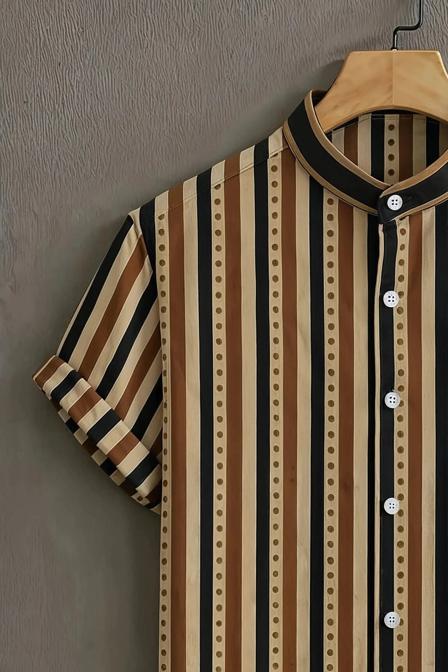 Men’s Vertical Stripe Mandarin Collar Shirt – Retro Brown Beige Casual Shirt (Summer Wear)